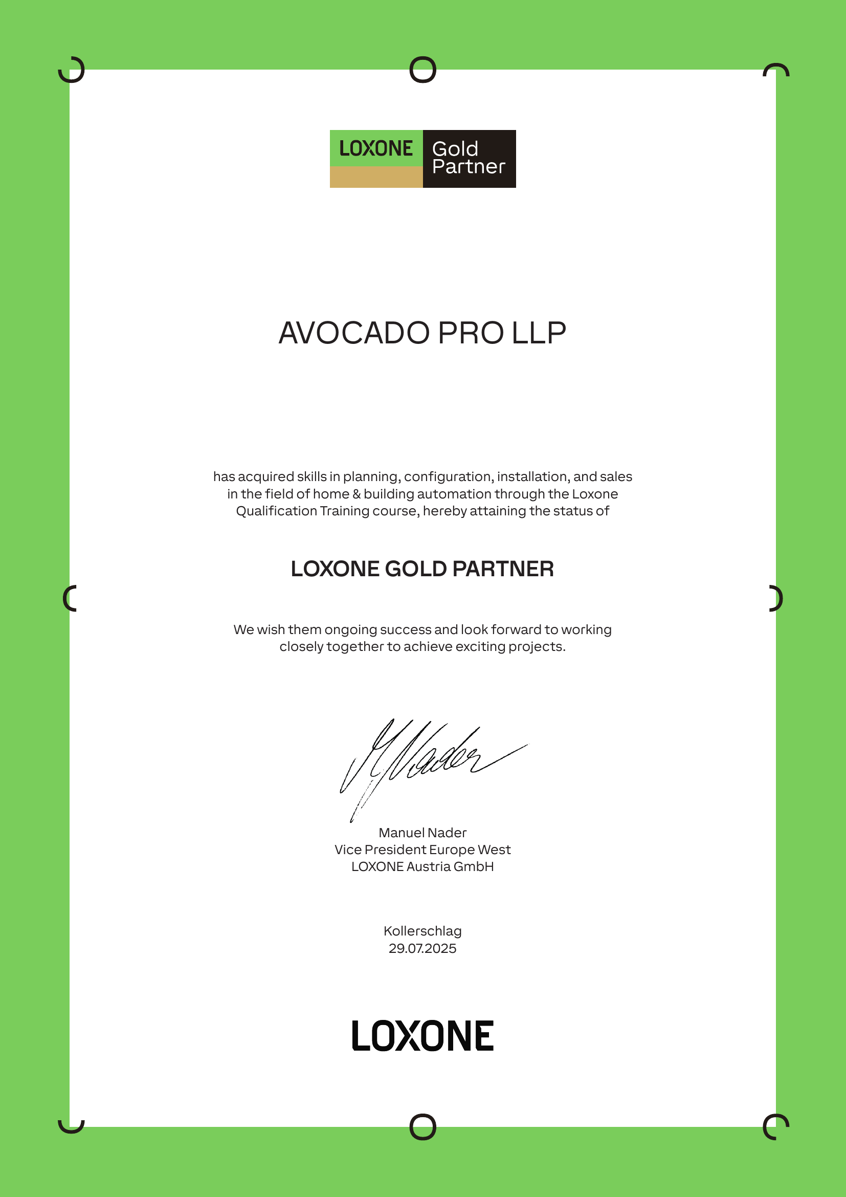 Loxone Gold Partner Certificate · AVOCADO PRO LLP